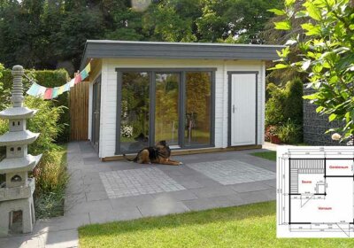 Gartenhaus, Sauna und Gerätehaus: Cubus-70 E erfüllt alle Wünsche – ein Praxisbeispiel Gartenhaus mit Sauna und Geräteraum