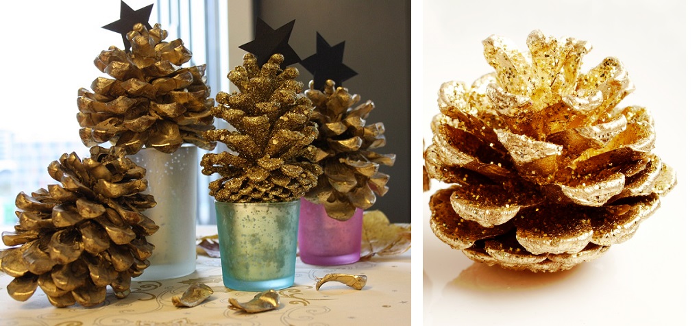 Für einen festlichen Garten: goldene Tannenzapfen. Auch eine tolle Dekoidee für das Gartenhaus.