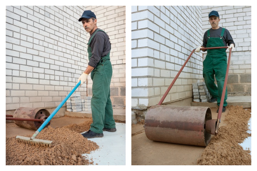 Die Tragschicht wird mit einem Rechen verteilt und mit der Rüttelplatte gefestigt.
