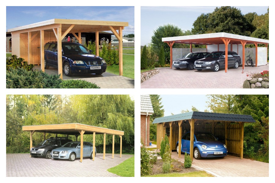 Von links nach rechts im Uhrzeigesinn: Carport Friesland mit PVC-Dach mit PVC-Dacheindeckung, Palmako Carport Karl 2 aus nordischer Fichte, Carport Spessart mit Aluminium-Dacheindeckung, Carport Spreewald mit Aluminium-Dachplatten. Welches Carport gefällt Ihnen am besten?