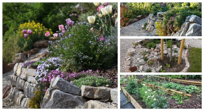 Beet-Vielfalt: Einfassung aus Holz oder Naturstein sowie ein Schotterbeet