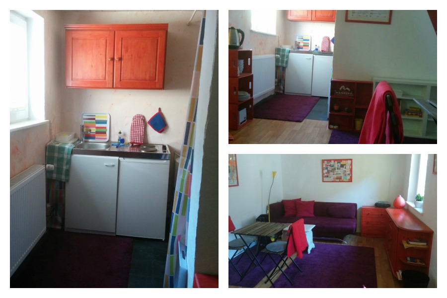 Sylvias Gartenhaus-Einrichtung: Die Regale bieten genug Ablagefläche, Stühle und Tisch lassen sich leicht zusammenklappen.