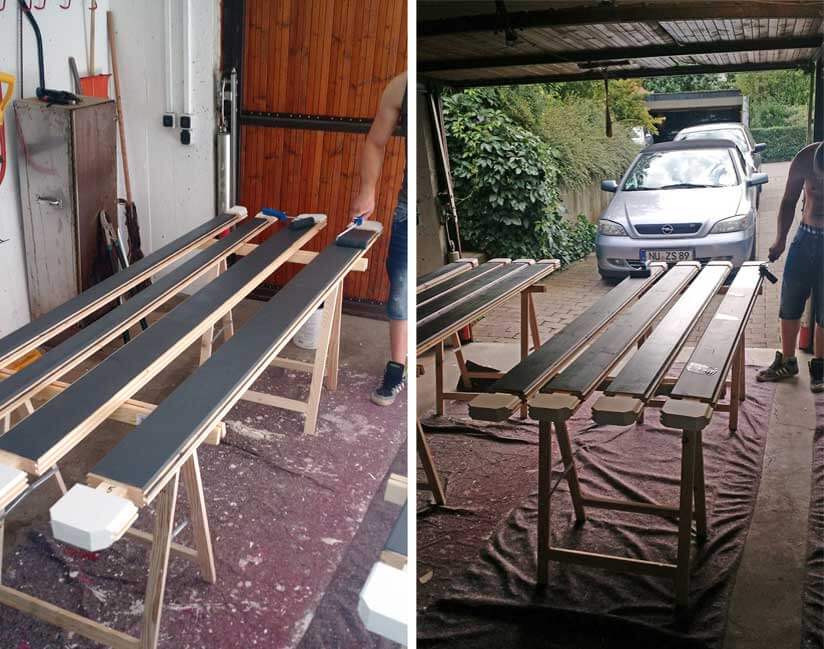 Vorstreichen der Hölzer für das Gerätehaus