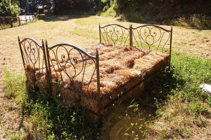 Heubett in ländlicher Landschaft